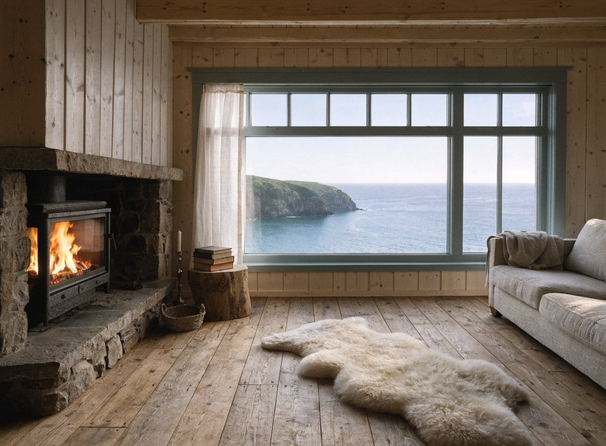 Driftline cabin interior with a log burner, sheepskin rug, and picture window framing the sea