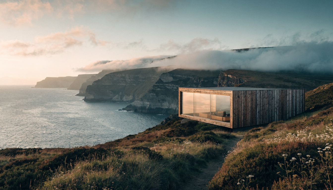 A timber-clad cabin glowing at golden hour on a Cornish headland above the Atlantic