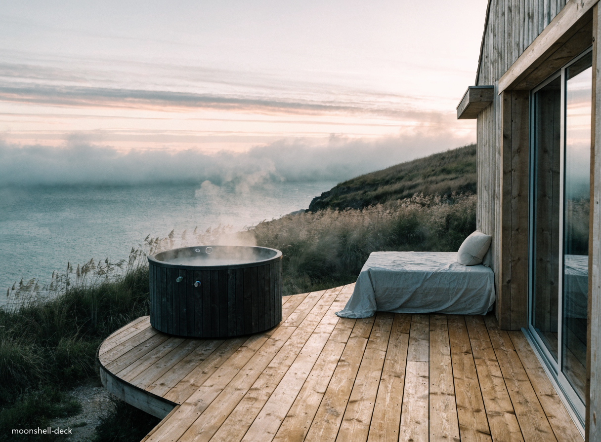 Moonshell cabin deck at dawn with a steaming wood-fired hot tub overlooking the Cornish coast